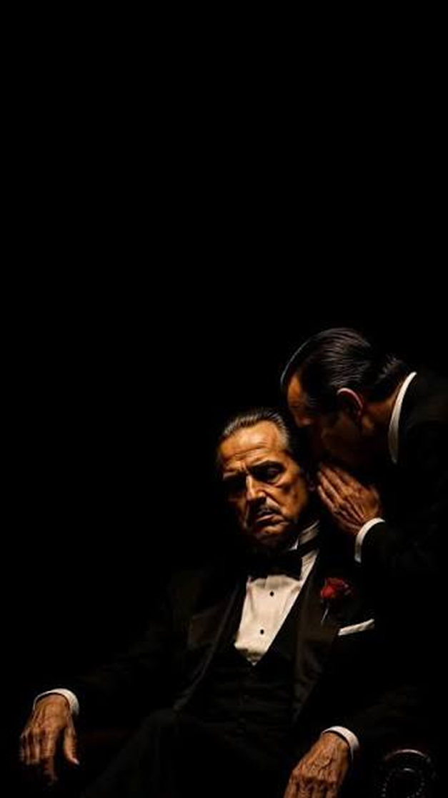 Two men in tuxedos, one whispering into the other's ear
